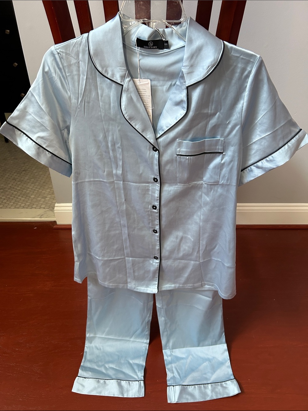 Light Blue Short Sleeve Pajama Set with  Navy blue Piping